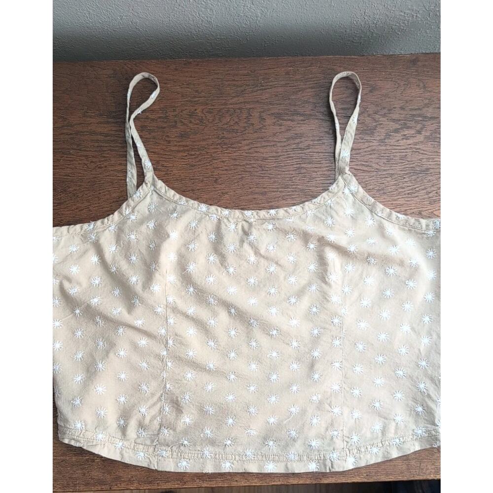 Route 66‎ Women's Cotton Crop Tan White Embroidered Spaghetti Strap Top Large